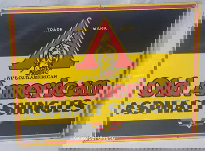 Old American Asphalt Shingles w/Indian Logo Porcelain Sign (TAC): rated 9.25, 18"x24", the SSP sign has excellent color and gloss, field is clean, has a few tiny chips a couple mounting holes, rarity 5. TAC #059527