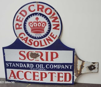 Red Crown Gasoline Scrip Accepted Porcelain Paddle Sign (TAC)
