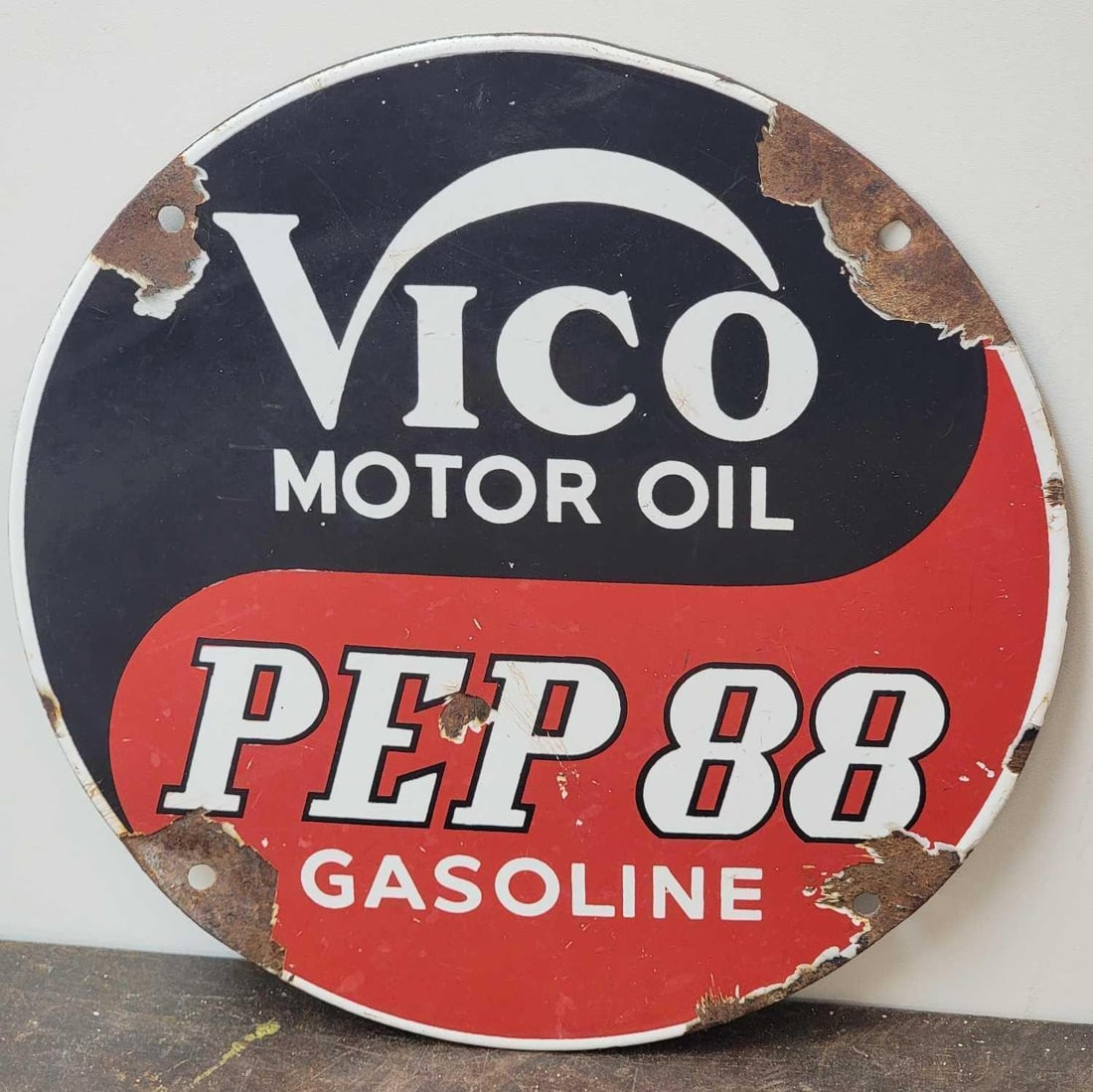 Vico Motor Oil Pep 88 Gasoline Porcelain Pump Sign (TAC) (1 of 3)