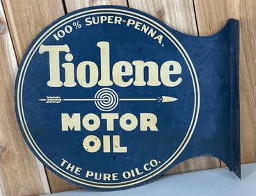 Pure Tiolene Motor Oil w/Arrow Logo Metal Flange Sign (TAC)