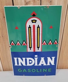 Indian Gasoline w/Logo Porcelain Pump Sign (TAC)
