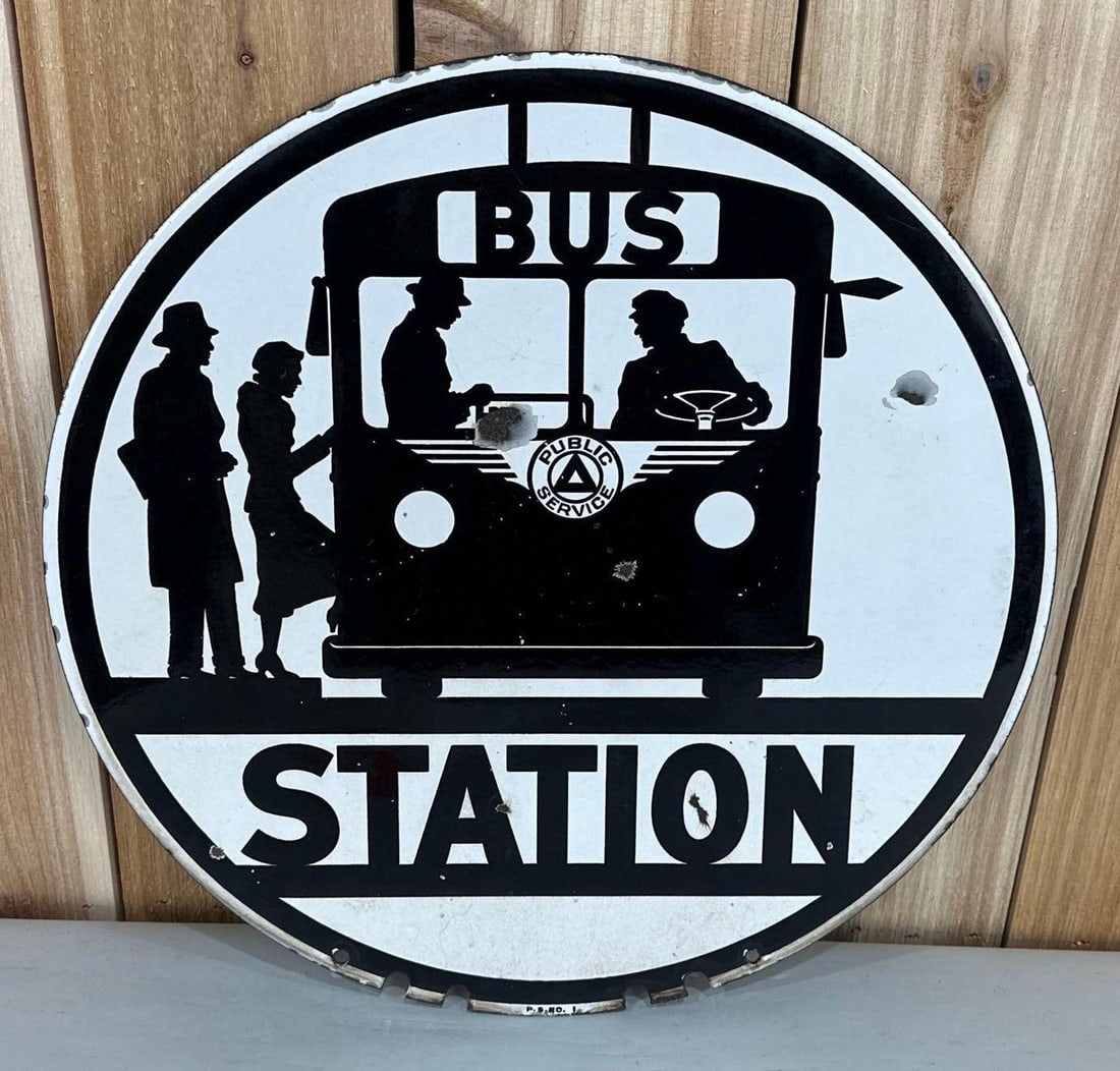 Bus Station w/Graphics Porcelain Sign (TAC): rated 8, 16"D., the DSP sign has good color and gloss, has a couple chips in the field, reverse has rust staining at bottom, marked P.S.No.1. Rarity 3. TAC #033737
