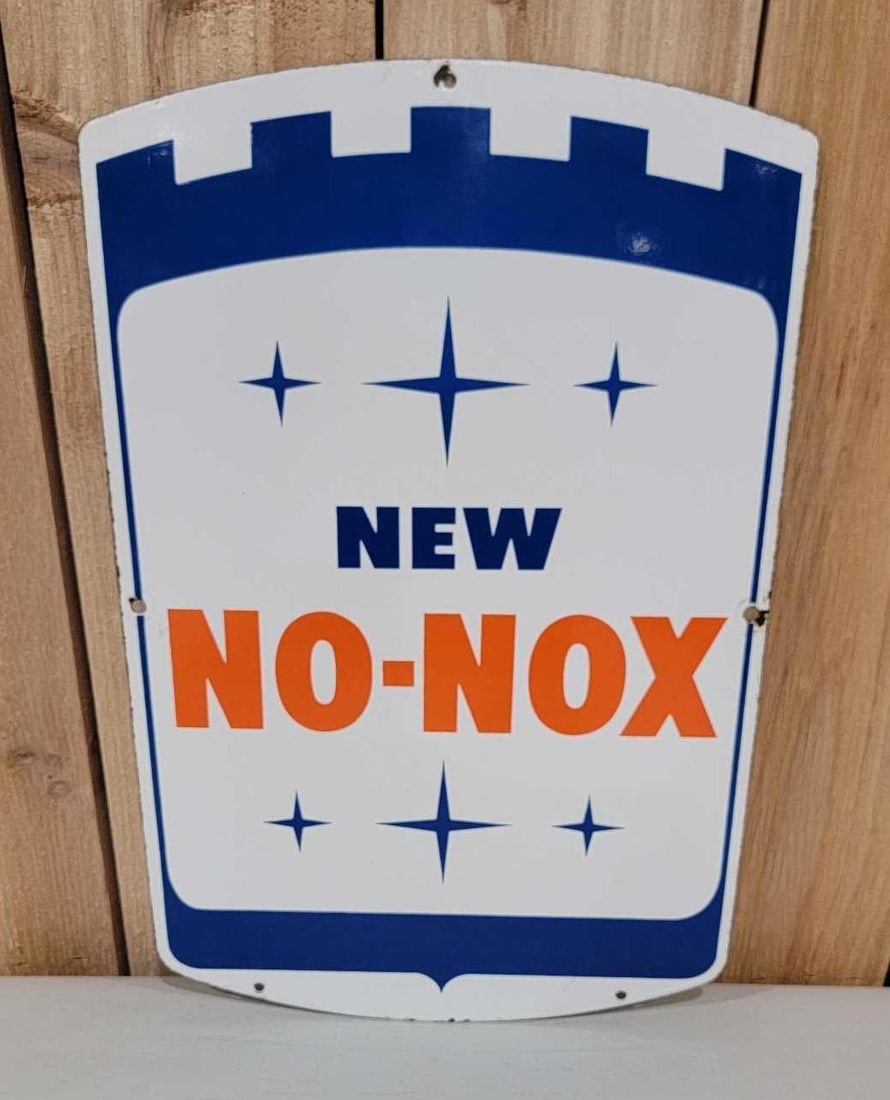 (Gulf) New No-Nox Porcelain Pump Sign (TAC): rated 8.5, 17.5"x11.25", the SSP sign has good color, has wear and paper marks. Rarity 1. TAC #059961