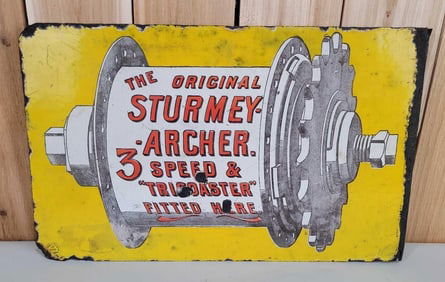 Sturmey-Archer 3 Speed Fitted Here Porcelain Flange Sign (TAC)