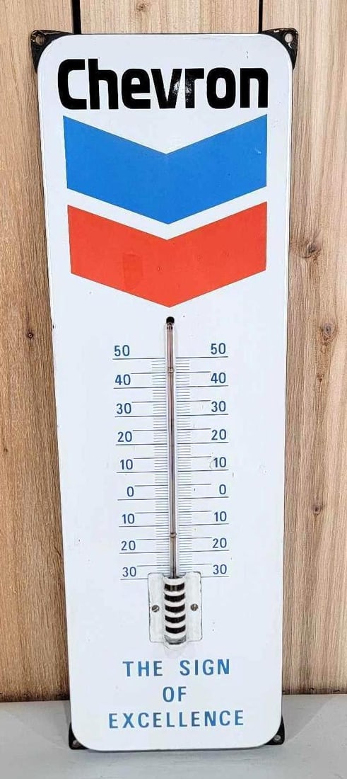 Chevron "The Sign of Excellence" Porcelain Thermometer (TAC): rated 9.25, 25"x8", the porcelain thermometer with rolled edge, tube is good. Rarity 5. TAC #059861