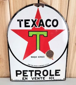 Texaco (black-T) Petrole En Vente ICI Porcelain Sign (TAC)