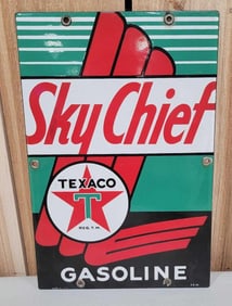 Texaco (white-T) Sky Chief w/Petrox Porcelain Pump Sign (small)  (TAC)