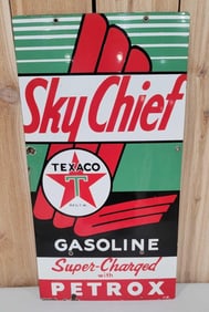 Texaco (white-T) Sky Chief w/Petrox Porcelain Pump Sign (ex-large) (TAC)
