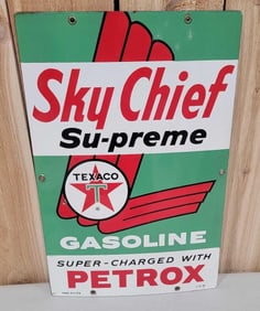 Texaco (white-T) Sky Chief w/Petrox Porcelain Pump Sign (TAC)