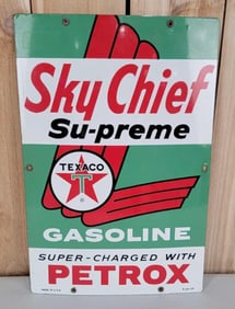 Texaco (white-T) Sky Chief w/Petrox Porcelain Pump Sign (TAC)