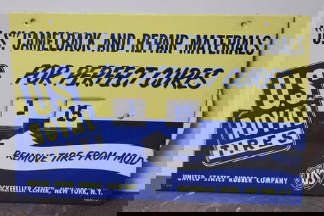 U.S. Royal Tires "Remove Tire From Mold" Metal Sign (TAC): rated 9, 7"x11", the SST cardboard backed sign has very good color and shine, light wear, rarity 4. TAC #030756