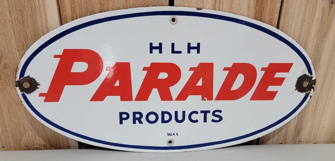 Parade Products Porcelain Pump Sign (TAC): rated 8, 8"x16", the SSP oval sign has good color, has tiny chip in the field and at the mounting holes, marked McAx. Rarity1. TAC #059888