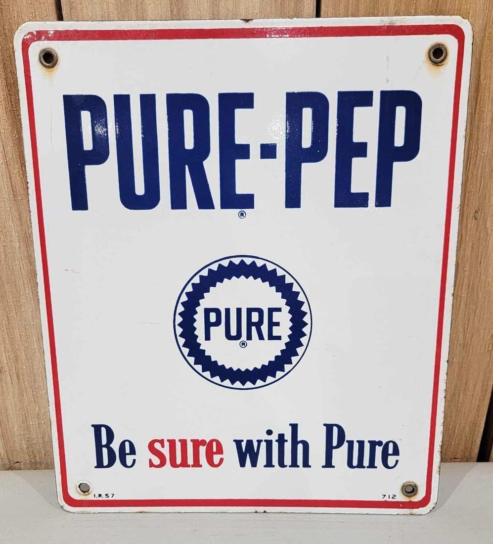 Pure Pure-Pep w/Logo Porcelain Pump Sign (TAC): rated 9, 12"x10", the SSP sign has good color and gloss, wear around the perimeter, marked I.R. Rarity 1. TAC #059940