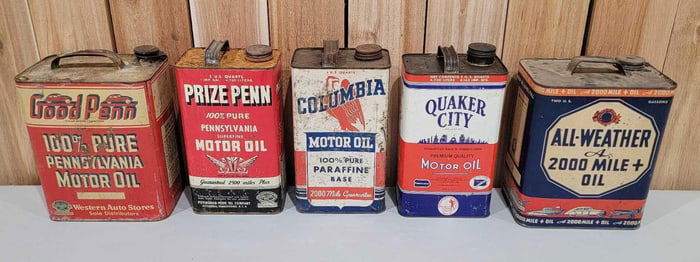 2-Two Gallon & 3-5 Quart Motor Oil Cans