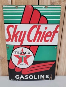 Texaco (white-T) Sky Chief Gasoline Porcelain Pump Sign (TAC)