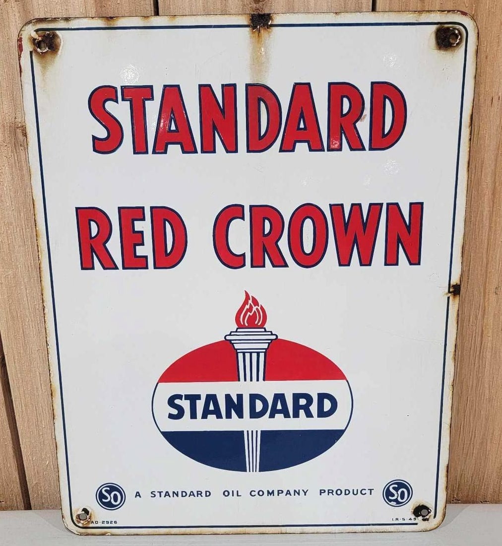 Standard Red Crown w/Logo Porcelain Pump Sign (TAC): rated 7.9, 15"x12", the SSP sign has light wear and rust staining at the top edge, marked I.R., Rarity 1. TAC #059939