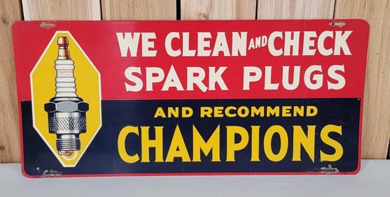 Champions "We Clean & Check Spark Plugs" Metal Sign (TAC)