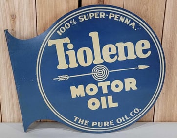 Pure Tiolene Motor Oil w/Arrow Logo Metal Flange Sign (TAC)