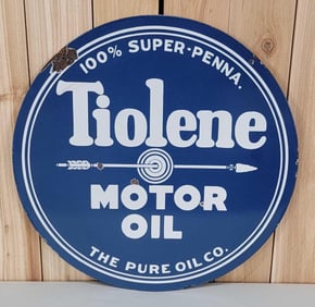 Pure Tiolene Motor Oil w/Arrow Logo Porcelain Sign (TAC)