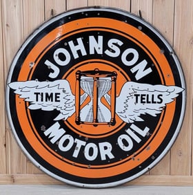 Johnson "Time Tells" Motor Oil/Ethyl Gasolene Porcelain Sign (48) (TAC)