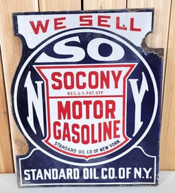 We Sell Socony Motor Gasoline Porcelain Flange Sign (TAC)