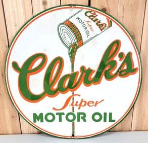 Clark's Super Motor Oil w/Can Image Porcelain Sign (TAC)