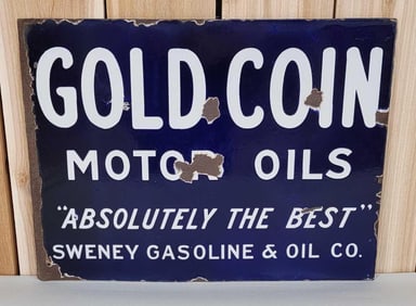 Gold Coin Motor Oils Sweney Gasoline Co. Porcelain Flange Sign (TAC)