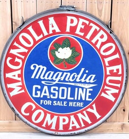Magnolia Gasoline For Sale Here w/Single Flower Porcelain Sign (TAC)