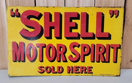 "Shell" Motor Spirit Sold Here Porcelain Flange Sign (TAC)