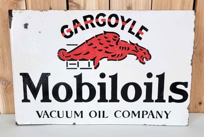 Mobiloils Gargoyle Vacuum Oil Company Porcelain Flange Sign (TAC)