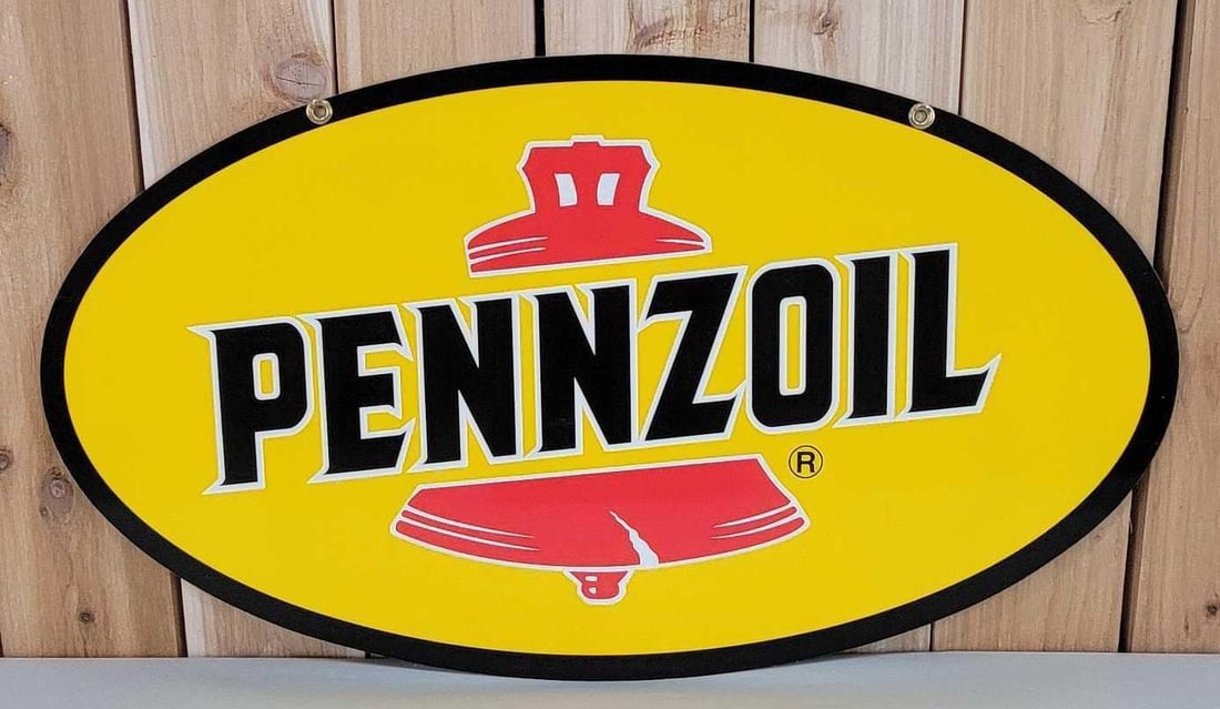 Pennzoil w/Red Bell Metal Sign: rated 9.5, 17.5"x31.5", the DST oval sign has excellent color and shine.