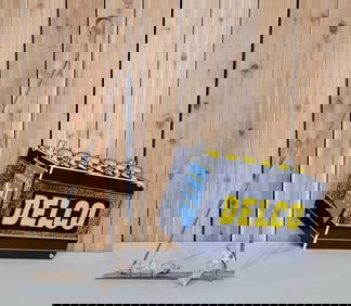 NOS Delco "America's No. 1 Battery" Metal Sign & Bracket (TAC)