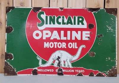 Rare Sinclair Opaline Motor Oil w/White Dinosaur Porcelain Sign (TAC)