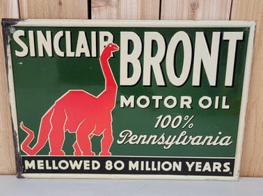 Sinclair Bront Motor Oil 100% Pennsylvania w/Dinosaur Metal Sign (TAC)
