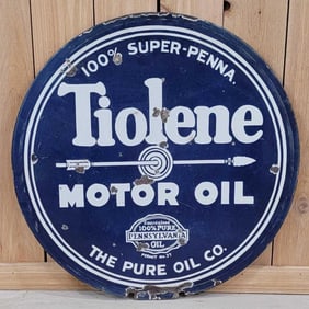 Pure Tiolene Motor Oil w/Arrow Logo Porcelain Sign (TAC)