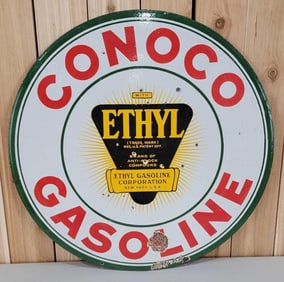 Conoco Gasoline w/Ethyl Logo Porcelain Sign (TAC)