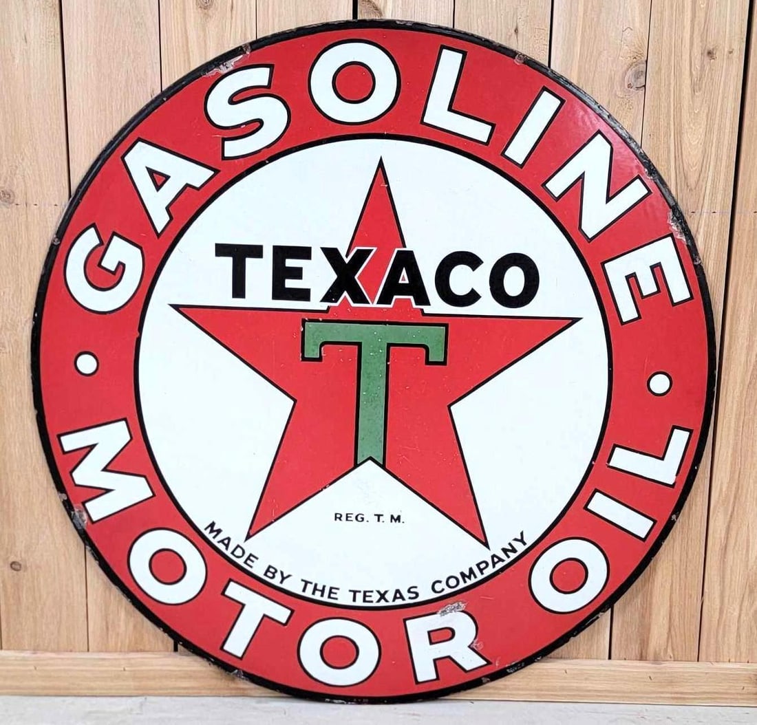 Texaco (black-T) Gasoline Motor Oil Porcelain Sign (TAC) (1 of 8)