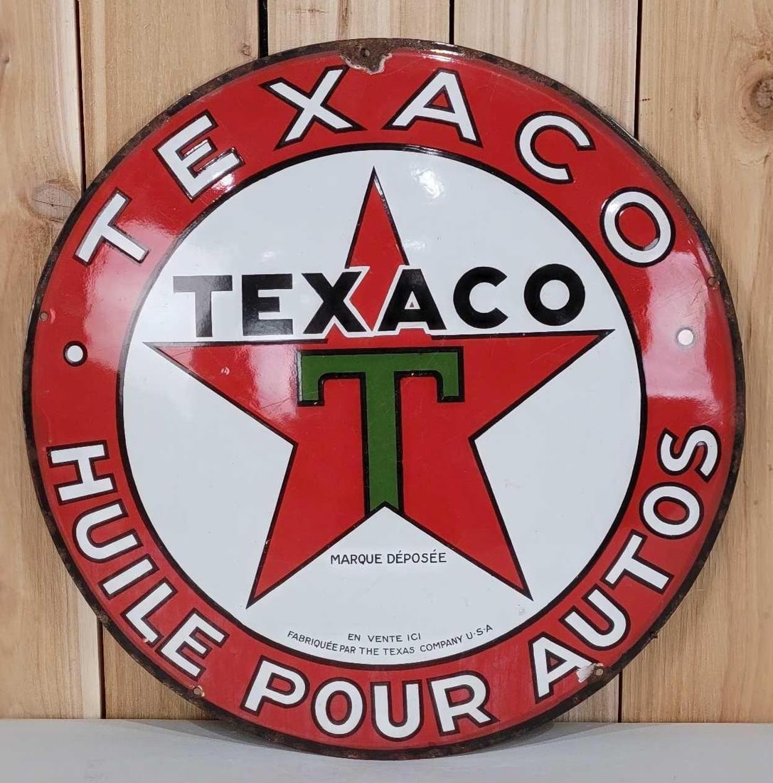 Texaco (black-T) Huile Pour Autos Porcelain Domed Sign (TAC) (1 of 5)