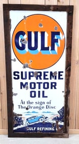 Gulf Supreme Motor Oil w/Blue Sedan Porcelain Sign (TAC)