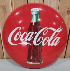 Coca-Cola w/Bottle Porcelain Button Sign (TAC)