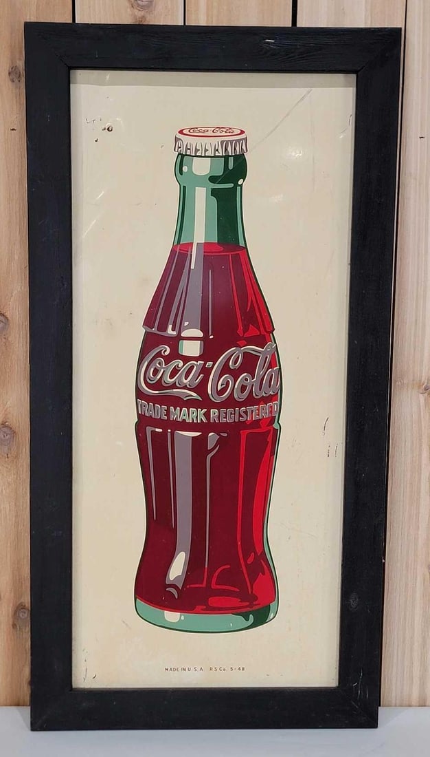 Coca-Cola Bottle Metal Sign (TAC): rated 7.9, 35.5"x17.5", the SST sign in new wood frame, has light wear and fine scratches, marked Robertson, dated 1948. Rarity 2. TAC #060335