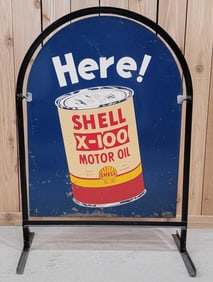 Here! Shell X-100 Motor Oil w/Can Image Metal Sign & Stand (TAC)