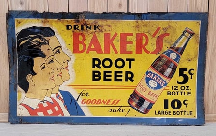 Rare Drink Baker's Root Beer w/Bottle Metal Sign (TAC)