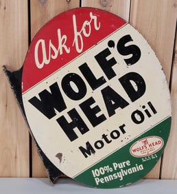 Ask for Wolf's Head Motor Oil w/Logo Metal Flange Sign (TAC)