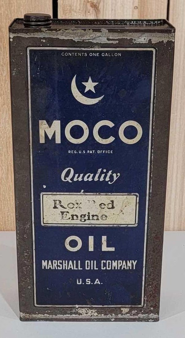 MOCO Rex Red Oil Marshall Oil Co. One Gallon Metal Can: rated 8, one gallon flat metal can has good color, is full, has wear. Rarity 7.