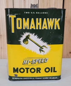 Tomahawk Motor Oil Two-Gallon Rectangle Metal Can