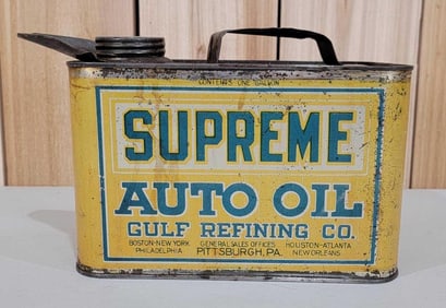 Gulf Supreme Auto Oil One Gallon Squatty Metal Can