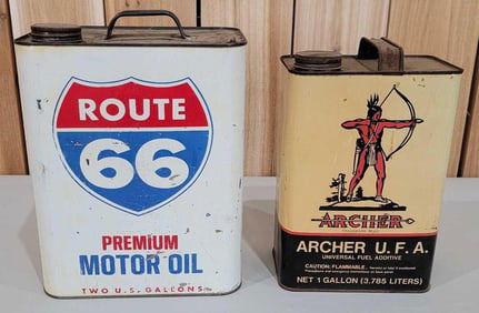 Two Gallon Route 66 & One Gallon Archer Metal Cans