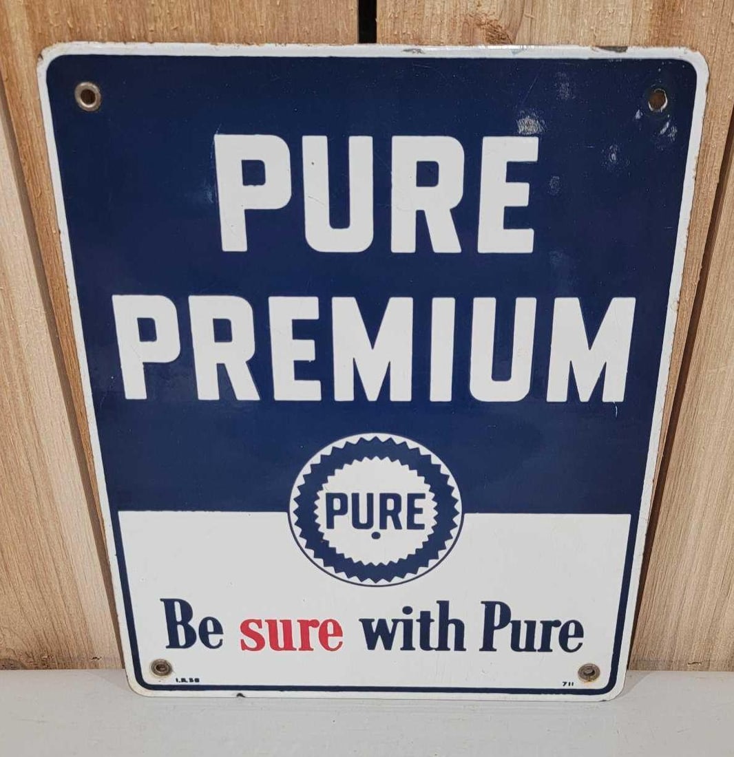 Pure Premium w/Logo Porcelain Pump Sign (TAC): rated 9, 12"x10", the SSP sign has good color and gloss, field is clean, wear around the perimeter, marked I.R., Rarity 1. TAC #059930