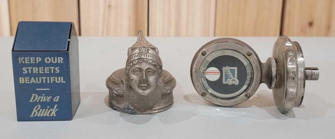 Lot of Buick Items Moto Meter, Mascot and Mini Trash Can